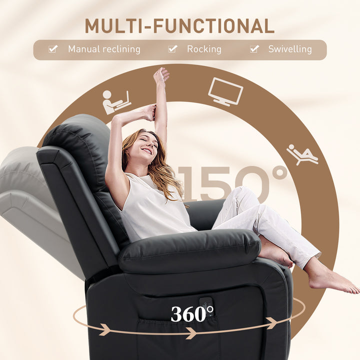 HOMCOM PU Leather Reclining Chair with Vibration Massage Recliner, Swivel Base, Rocking Function, Remote Control, Black