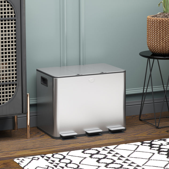 HOMCOM Triple Garbage Bin, Soft-Close Trash Can with Foot Pedal, 3 x 20 Liter Garbage Can with Removable Inner Buckets, Silver