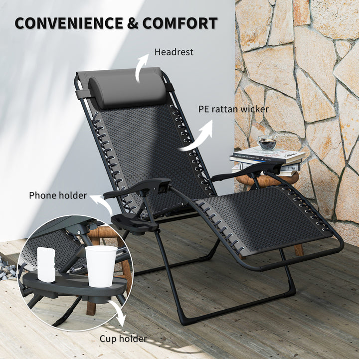 Outsunny Wicker Folding Lounge Chair with Adjustable Backrest, Rattan Recliner Chair with Headrest & Side Table Tray, Black