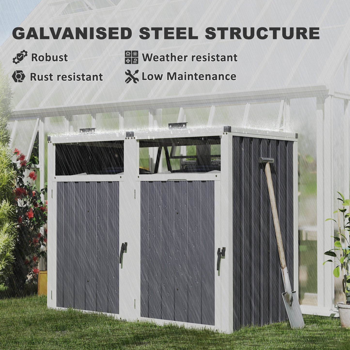 Outsunny Double Garbage Bin Shed, Lockable Outdoor Storage Shed with Openable Lid, Galvanized Frame for Garden Patio, Dark Grey