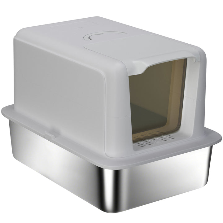 PawHut Stainless Steel Cat Litter Box w/ Removable Lid & Scoop, for Small to Large Cats, Easy to Clean, White