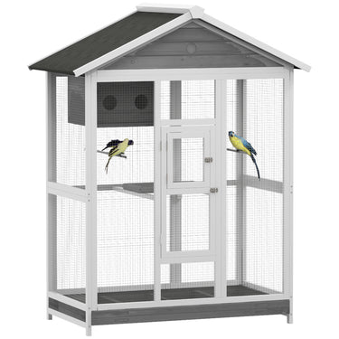 PawHut 65" Bird Cage Large 2 Doors Wooden Aviary for Canary with Standing Pole Nest Slide-out Tray, for Indoor Outdoor, Grey