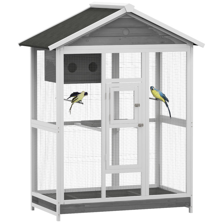 PawHut 65" Bird Cage Large 2 Doors Wooden Aviary for Canary with Standing Pole Nest Slide-out Tray, for Indoor Outdoor, Grey