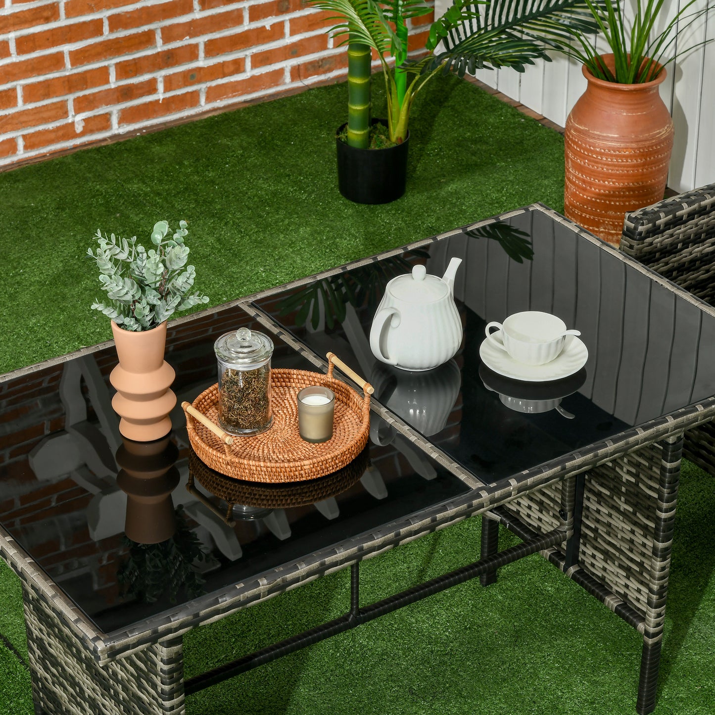 Outsunny 6 Piece Patio Furniture Set with Patio Chairs, Ottomans, Sofa, Glass Top Table and Cushions, Wicker Rattan Outdoor Furniture Set for Backyard, Porch, Grey