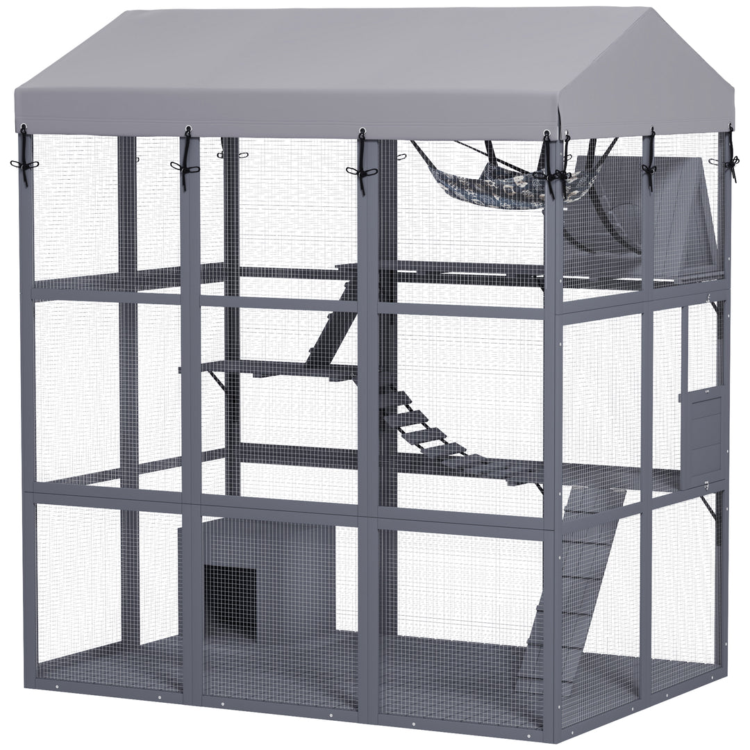 PawHut 81"H Catio Outdoor with Floor to Prevent Escaping & Easy Cleaning, for 2-4 Cats Kittens, Grey