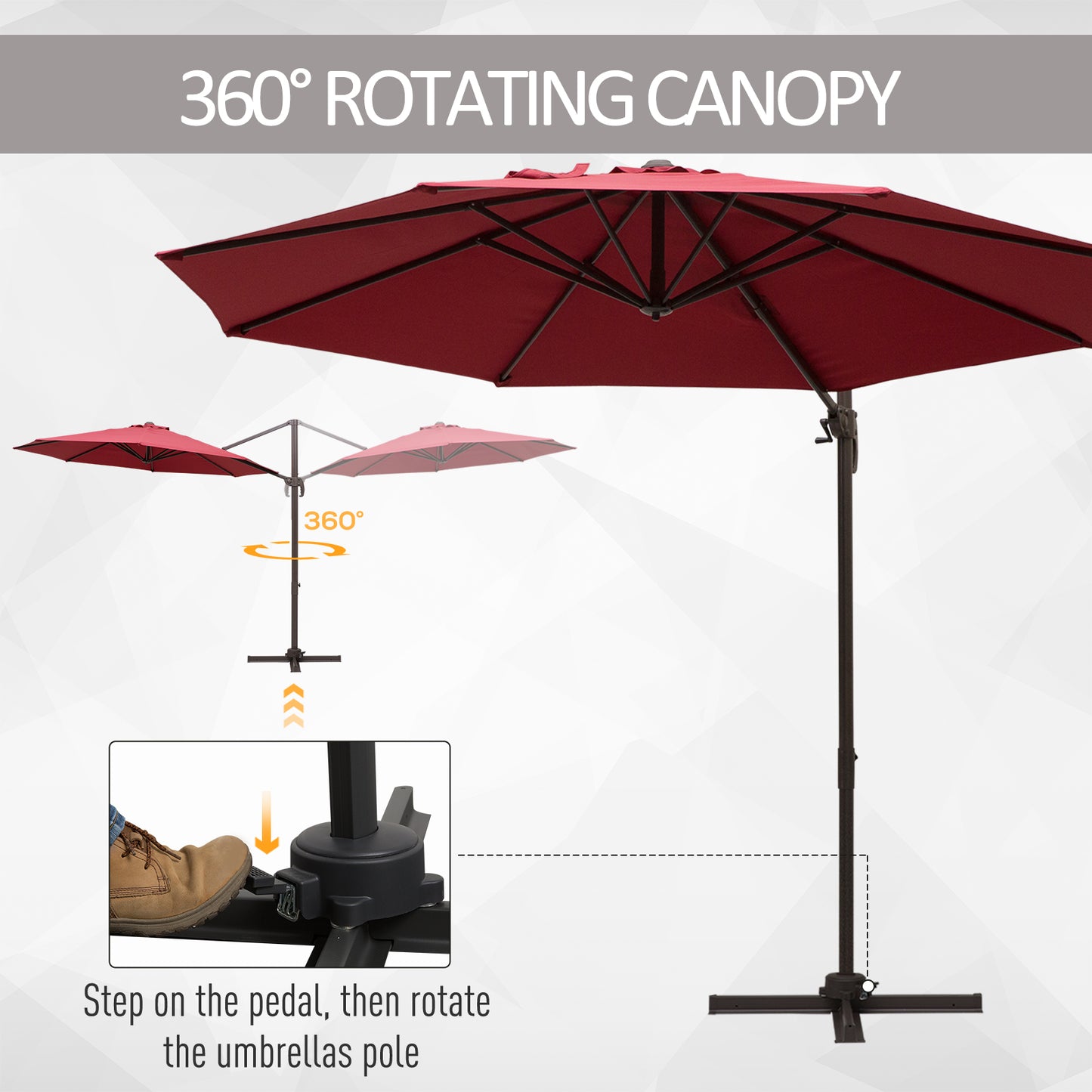 Outsunny 10ft Cantilever Patio Umbrella with 360Â° Rotation, Crank & Cross Base for Garden Deck Pool Backyard, Wine Red