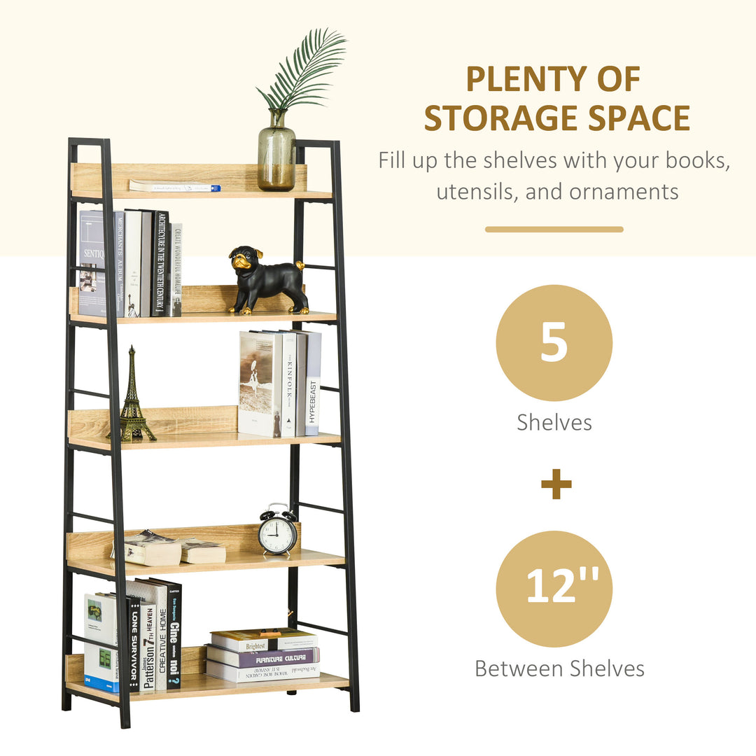 HOMCOM Modern Bookshelf Storage with 5-Tier Wide Shelving, Metal Frame, Wooden Bookcase for Living Room Library Home Furniture, Black