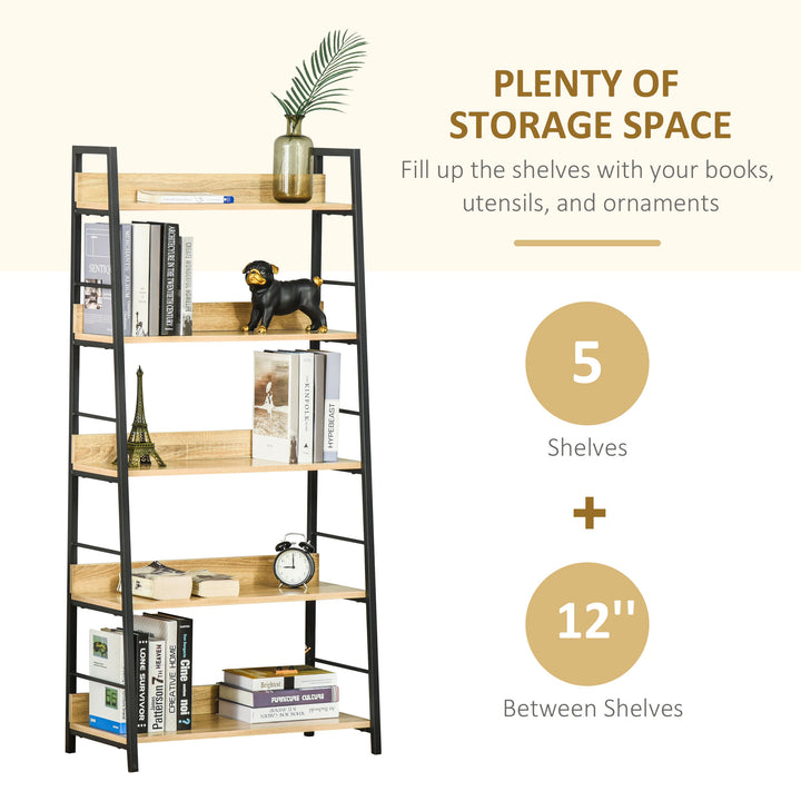 HOMCOM Modern Bookshelf Storage with 5-Tier Wide Shelving, Metal Frame, Wooden Bookcase for Living Room Library Home Furniture, Black