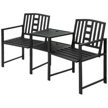 Outsunny Metal Outdoor Bench, 2-Seater Garden Bench with Middle Table, Umbrella Hole, Slatted Seat and Backrest, Black