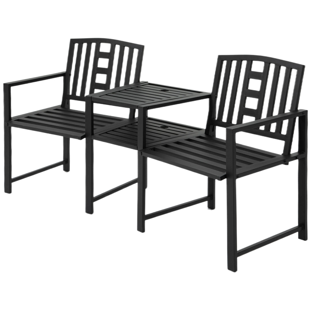 Outsunny Metal Outdoor Bench, 2-Seater Garden Bench with Middle Table, Umbrella Hole, Slatted Seat and Backrest, Black