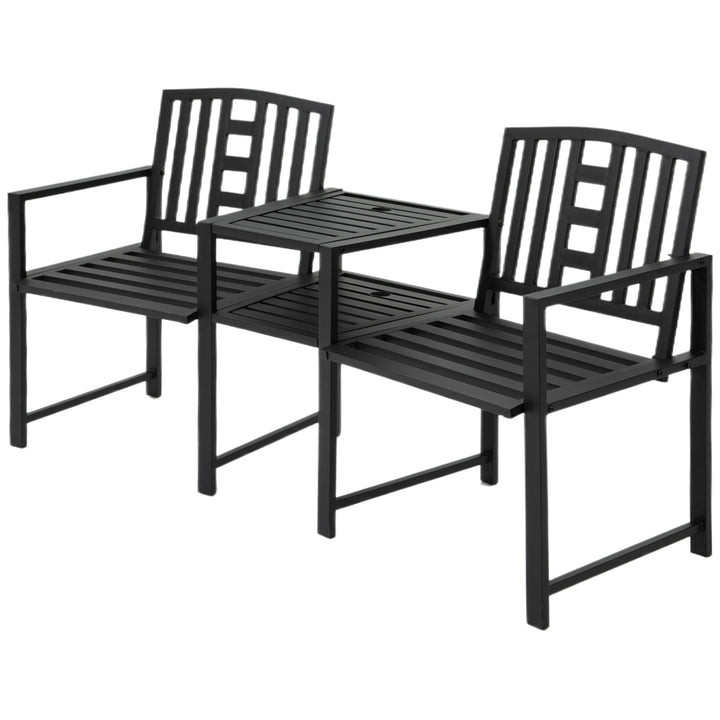 Outsunny Metal Outdoor Bench, 2-Seater Garden Bench with Middle Table, Umbrella Hole, Slatted Seat and Backrest, Black