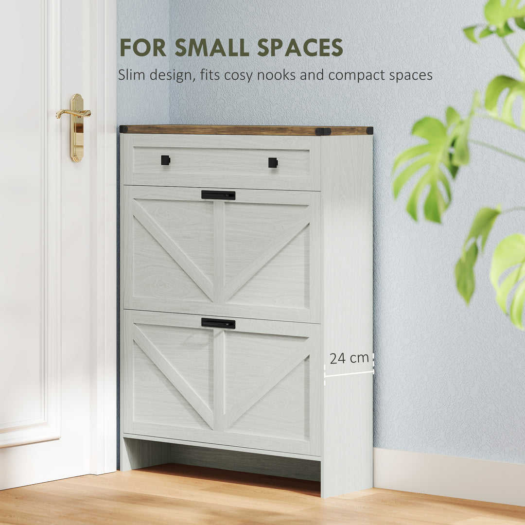 HOMCOM Narrow Shoe Storage Cabinet, Farmhouse Shoe Cabinet with 2 Flip Drawers, 1 Drawer, 12 Pairs for Entryway, White