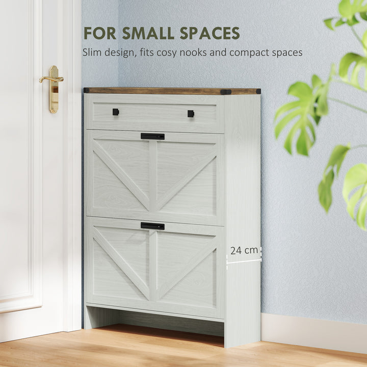 HOMCOM Narrow Shoe Storage Cabinet, Farmhouse Shoe Cabinet with 2 Flip Drawers, 1 Drawer, 12 Pairs for Entryway, White