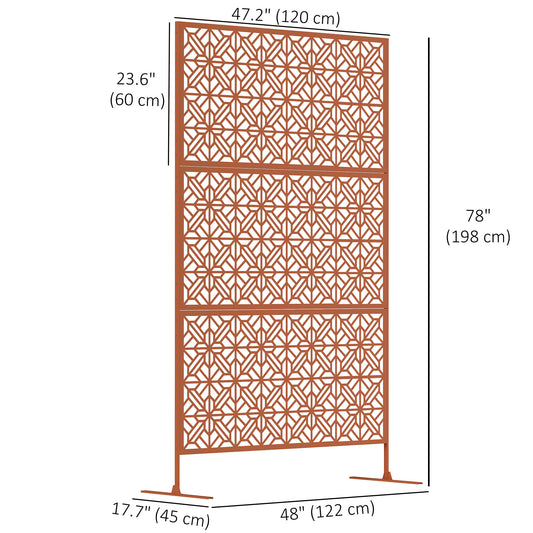 Outsunny Decorative Outdoor Privacy Panel with Stand, Freestanding Metal Outdoor Divider for Garden, Backyard, Deck, Brown