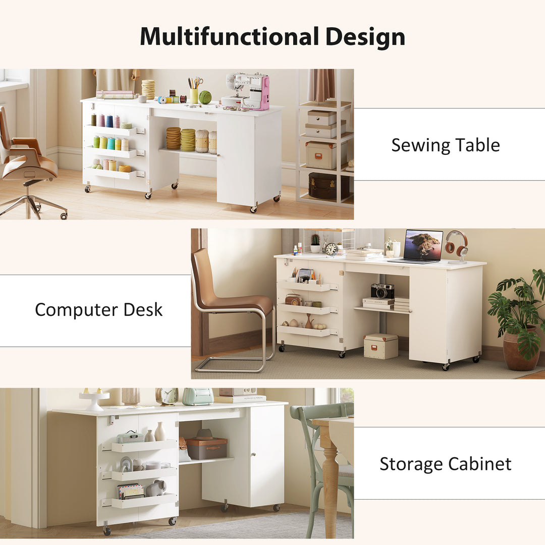 HOMCOM Sewing Machine Table with Drop Leaf, Folding Craft Table with 2 Doors and Adjustable Shelf for Small Spaces, Natural