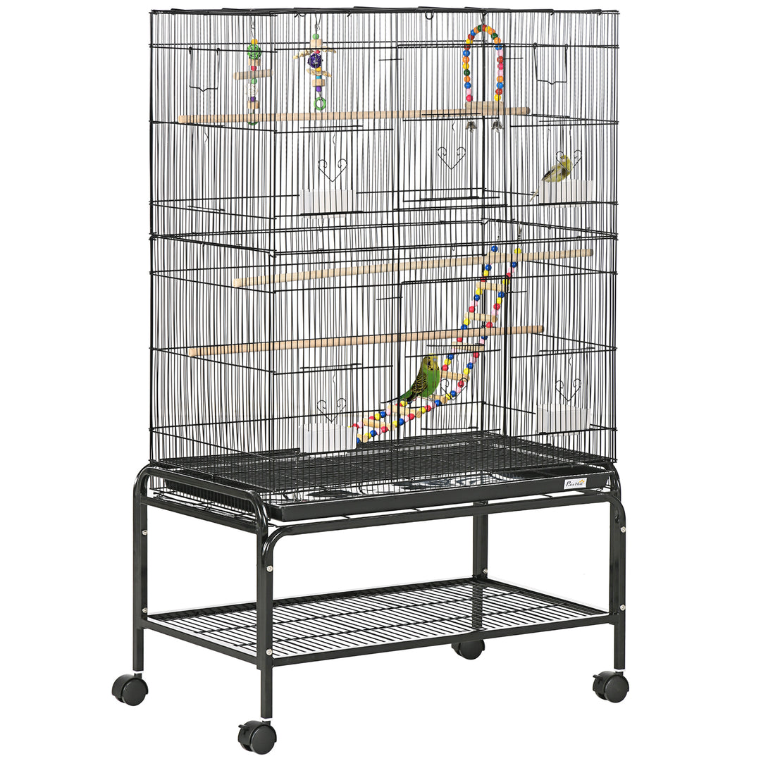 PawHut 52" Bird Cage with Rolling Stand, Toys, for Budgies Canaries Black