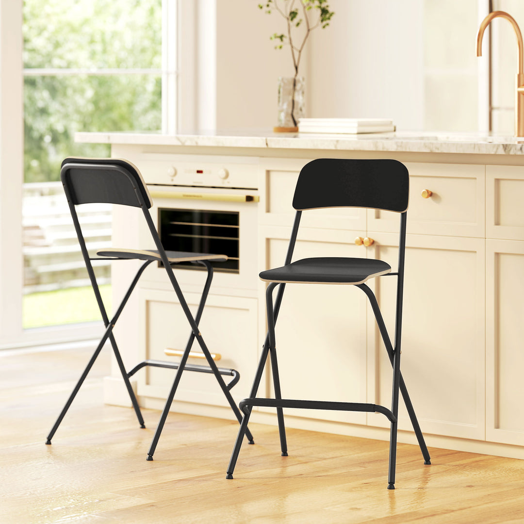 HOMCOM Folding Bar Stools Set of 2, Counter Height Foldable Stool with Wooden Effect Seat and Steel Frame for Kitchen, White