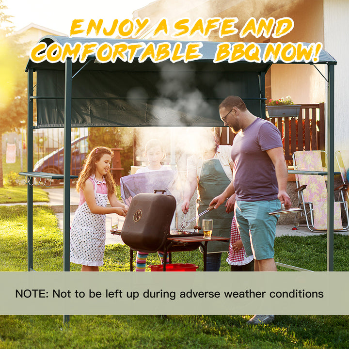 Outsunny 7x4.5ft Outdoor BBQ Gazebo Tent Metal Frame Garden Grill Canopy Sunshade Backyard Portable Shelter with Side Awning 2 Shelves and 5 Hooks Grey