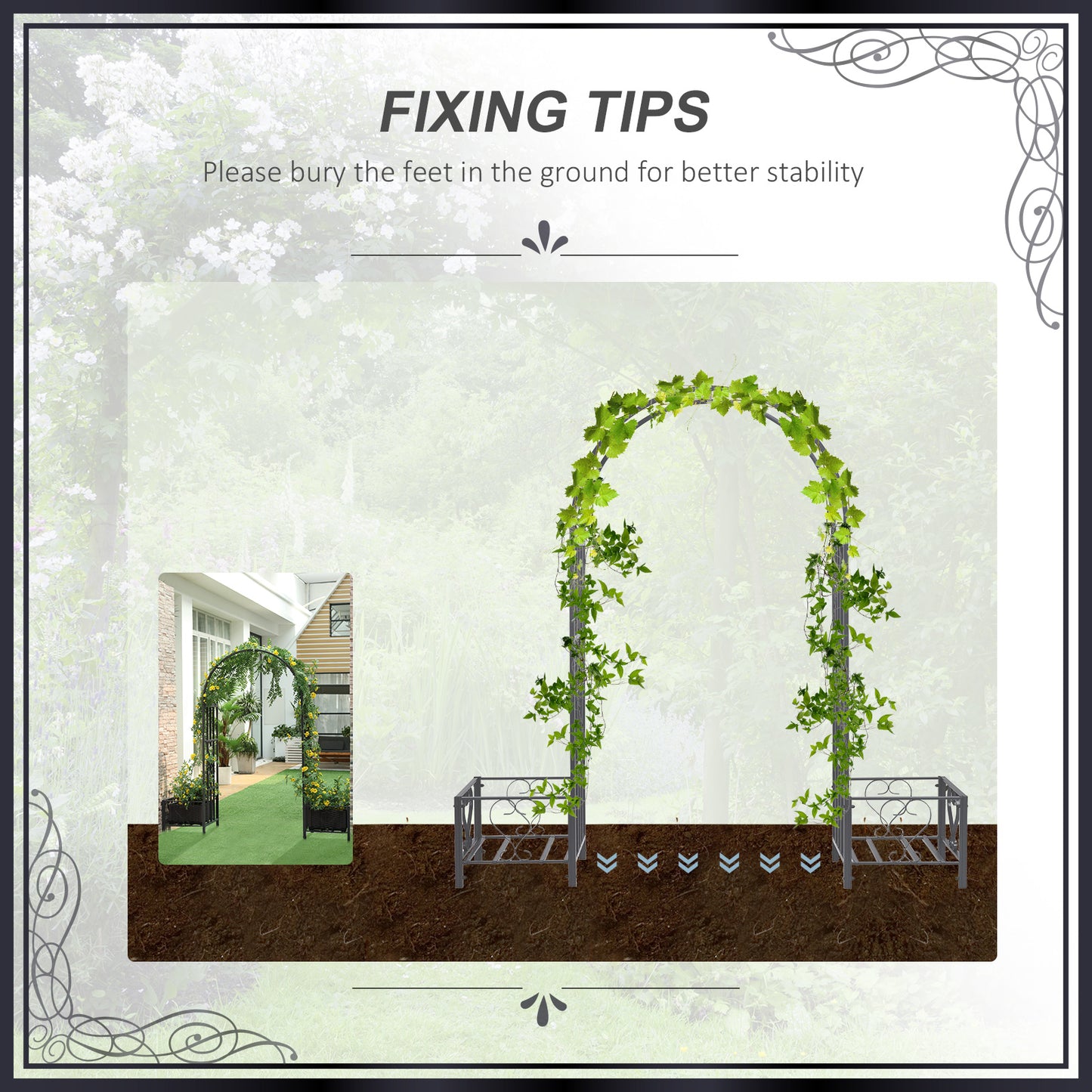 Outsunny 7FT Metal Garden Arch with 2 Planter Boxes, Decorative Outdoor Walkway Arbor for Climbing Vine Plants for Patio Backyard Lawn Party Ceremony, Dark Grey