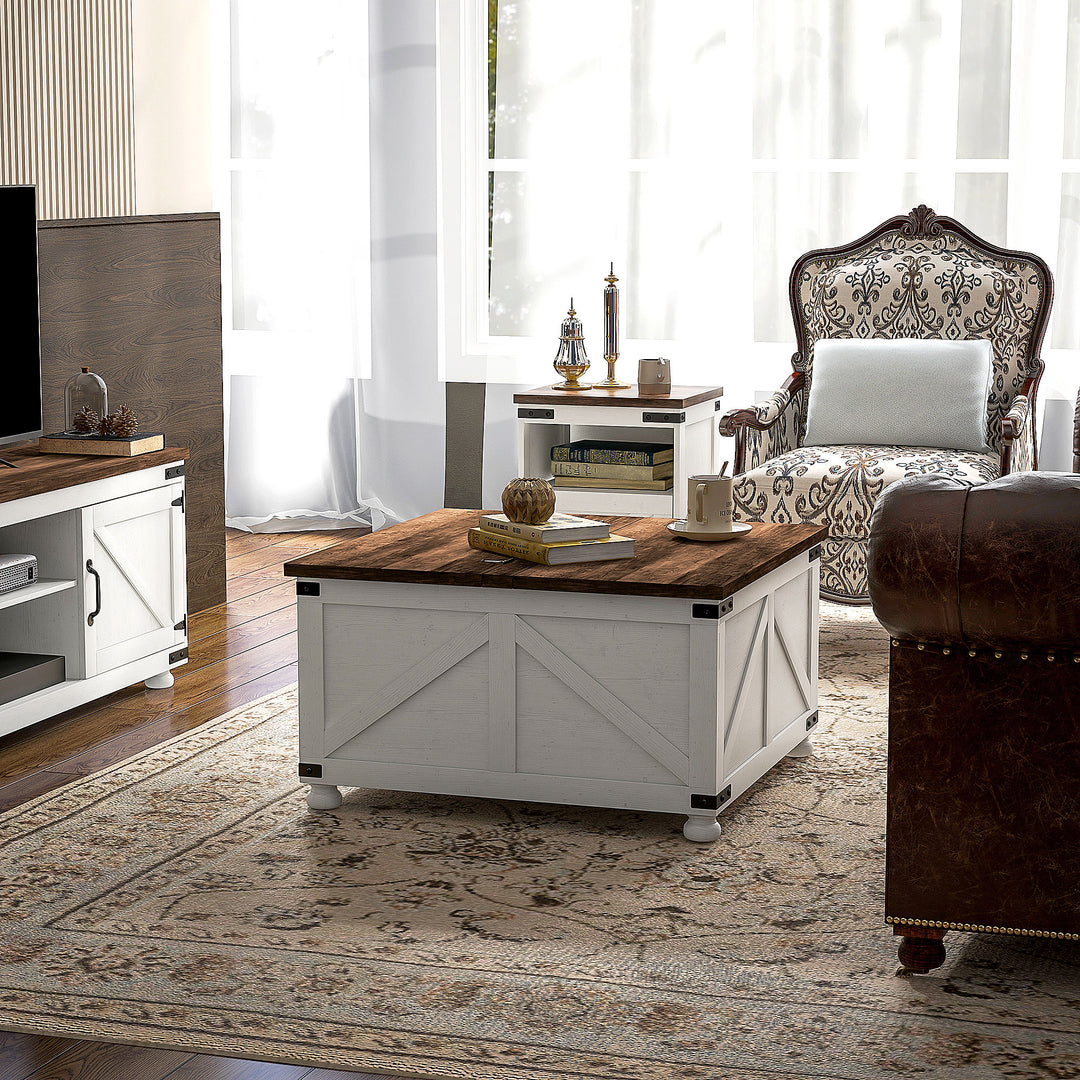 HOMCOM Coffee Table with Lift Top, 32" Farmhouse Center Table with Hidden Compartment for Living Room, Antique White