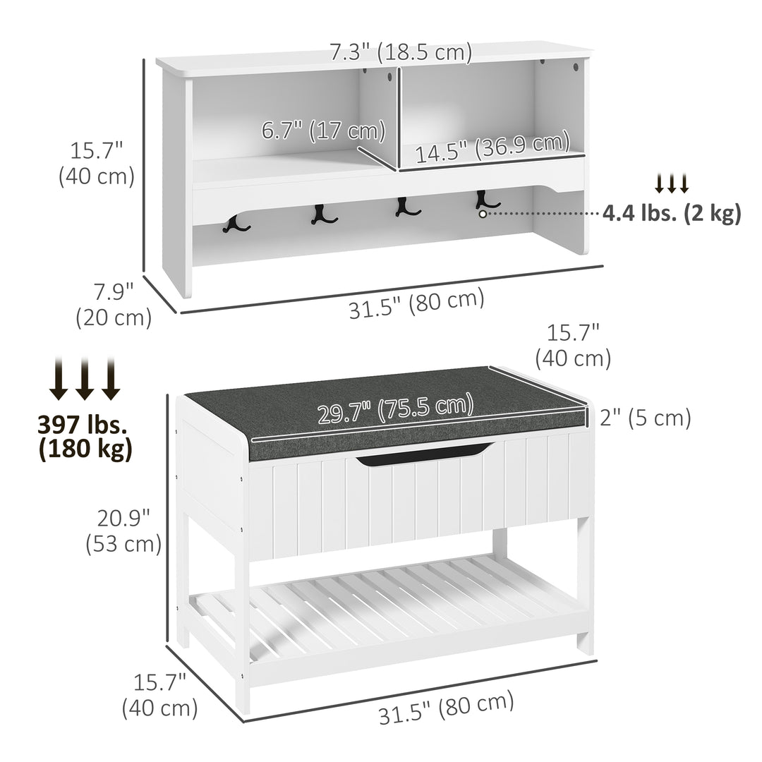 HOMCOM Wall Mounted Coat Rack with Shoe Storage Bench, Hall Tree and Bench, Clothes Hanger Rack with Shelves for Hallway White