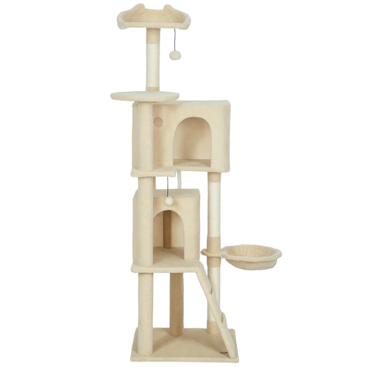 PawHut 63 Inch Cat Tree with Sisal Scratching Posts, Condos, Plush Perches, Hammock, Ladder, Dangling Balls, Pink