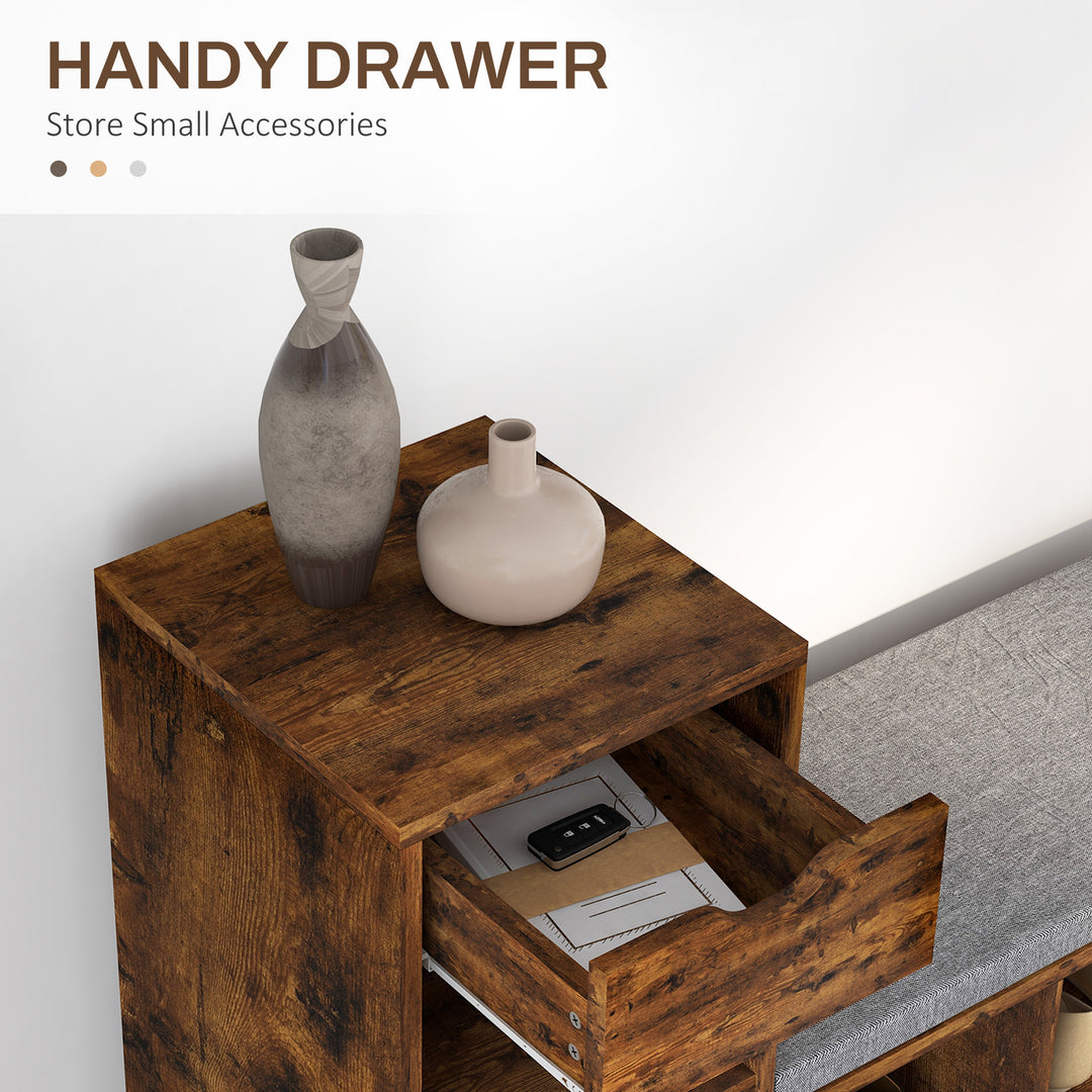 HOMCOM Upholstered Shoe Storage Bench w/ Seat, Entrance Bench w/ Drawer and 6 Open Shelves for Hallway, White