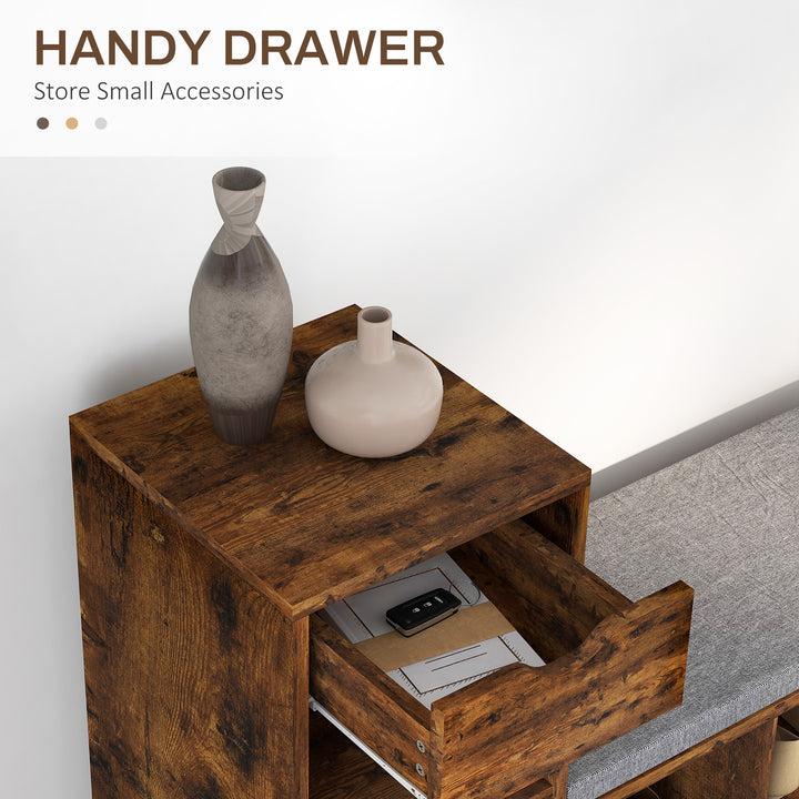 HOMCOM Upholstered Shoe Storage Bench w/ Seat, Entrance Bench w/ Drawer and 6 Open Shelves for Hallway, White