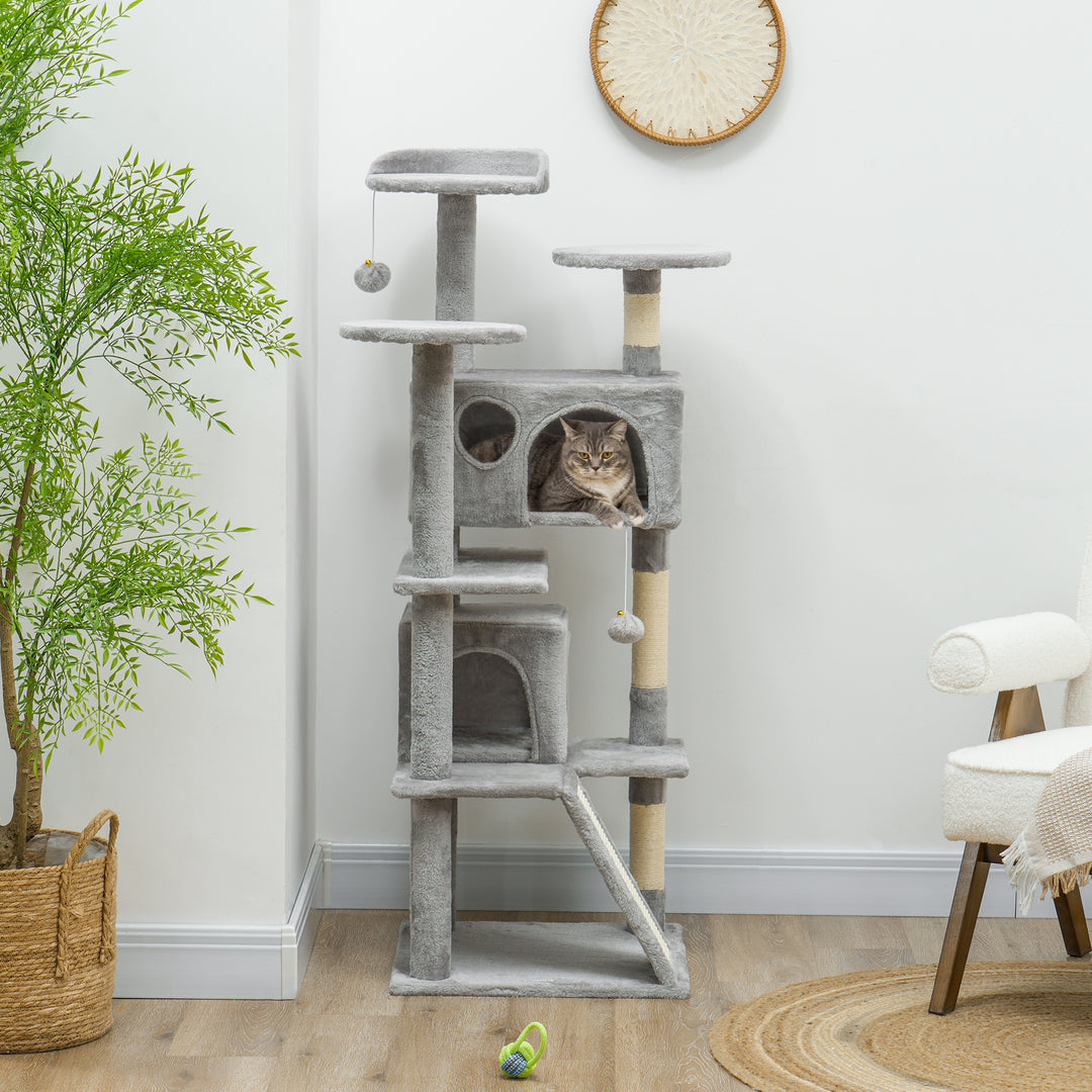 PawHut 54" Cat Tree, Multi-Level Cat Tower with Scratching Posts, Cat Condos, Bed, Platforms, Ramp, Toy Ball, Dark Blue