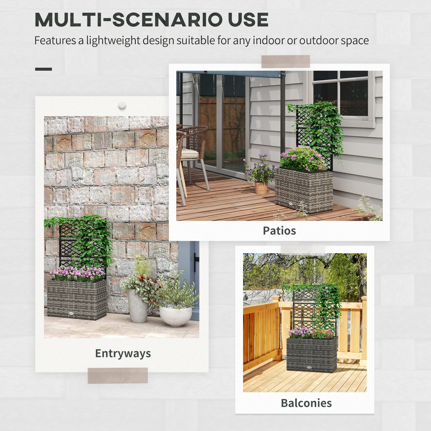 Outsunny 22L Raised Garden Box with Trellis, PE Rattan Free Standing Flower Raised Garden Bed with Two Plant Boxes, Garden Planter Box for Climbing Plants, Mixed Grey