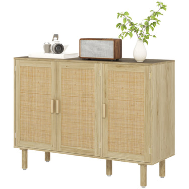 HOMCOM Bohemian Sideboard, 46.9" Buffet Cabinet with 3 Rattan Doors and Shelves for Living Room, Hallway, Oak