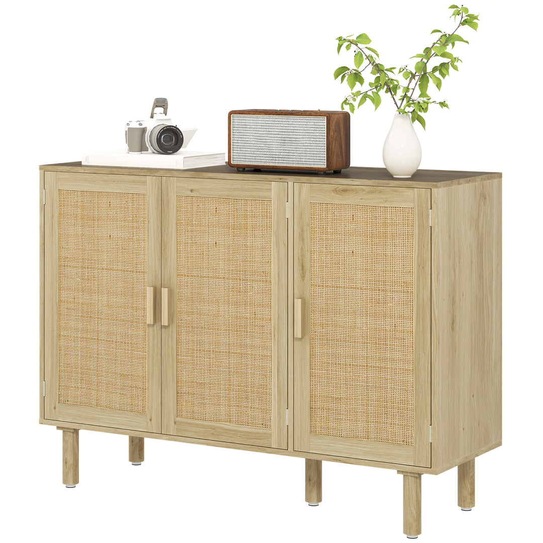 HOMCOM Bohemian Sideboard, 46.9" Buffet Cabinet with 3 Rattan Doors and Shelves for Living Room, Hallway, Oak