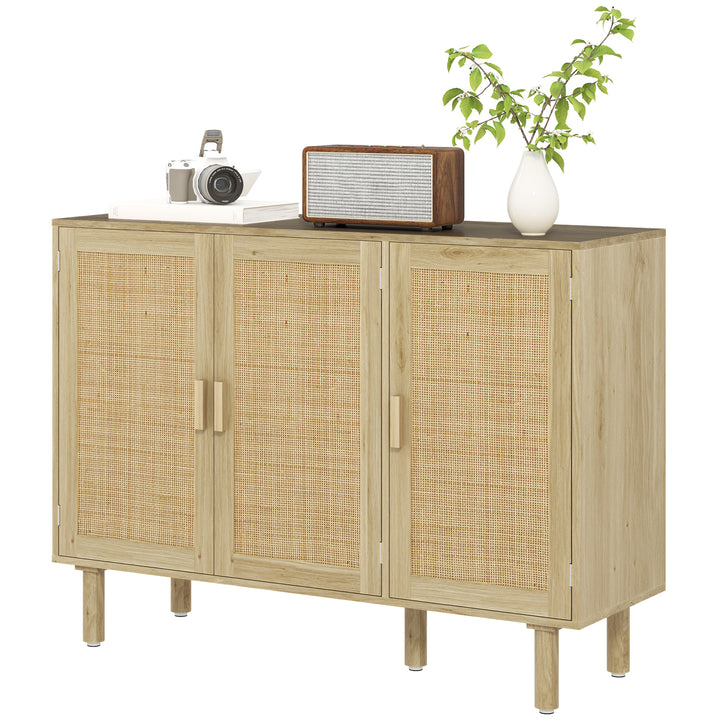 HOMCOM Bohemian Sideboard, 46.9" Buffet Cabinet with 3 Rattan Doors and Shelves for Living Room, Hallway, Oak