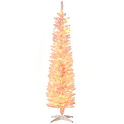 HOMCOM 6' Flocked Christmas Trees, Pencil Prelit Artificial Christmas Tree with Snow Branches, Pink