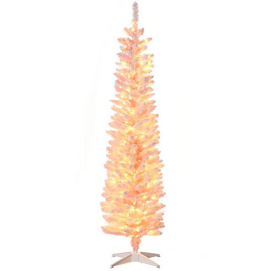 HOMCOM 6' Flocked Christmas Trees, Pencil Prelit Artificial Christmas Tree with Snow Branches, Pink