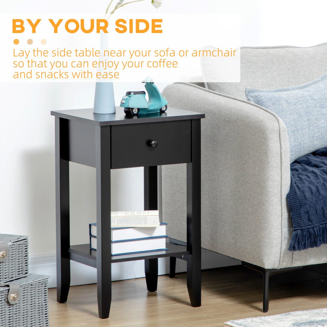 HOMCOM Side Table Set of 2, End Tables with Drawer and Bottom Shelf, 2-tier Nightstand for Bedroom, Living Room, White