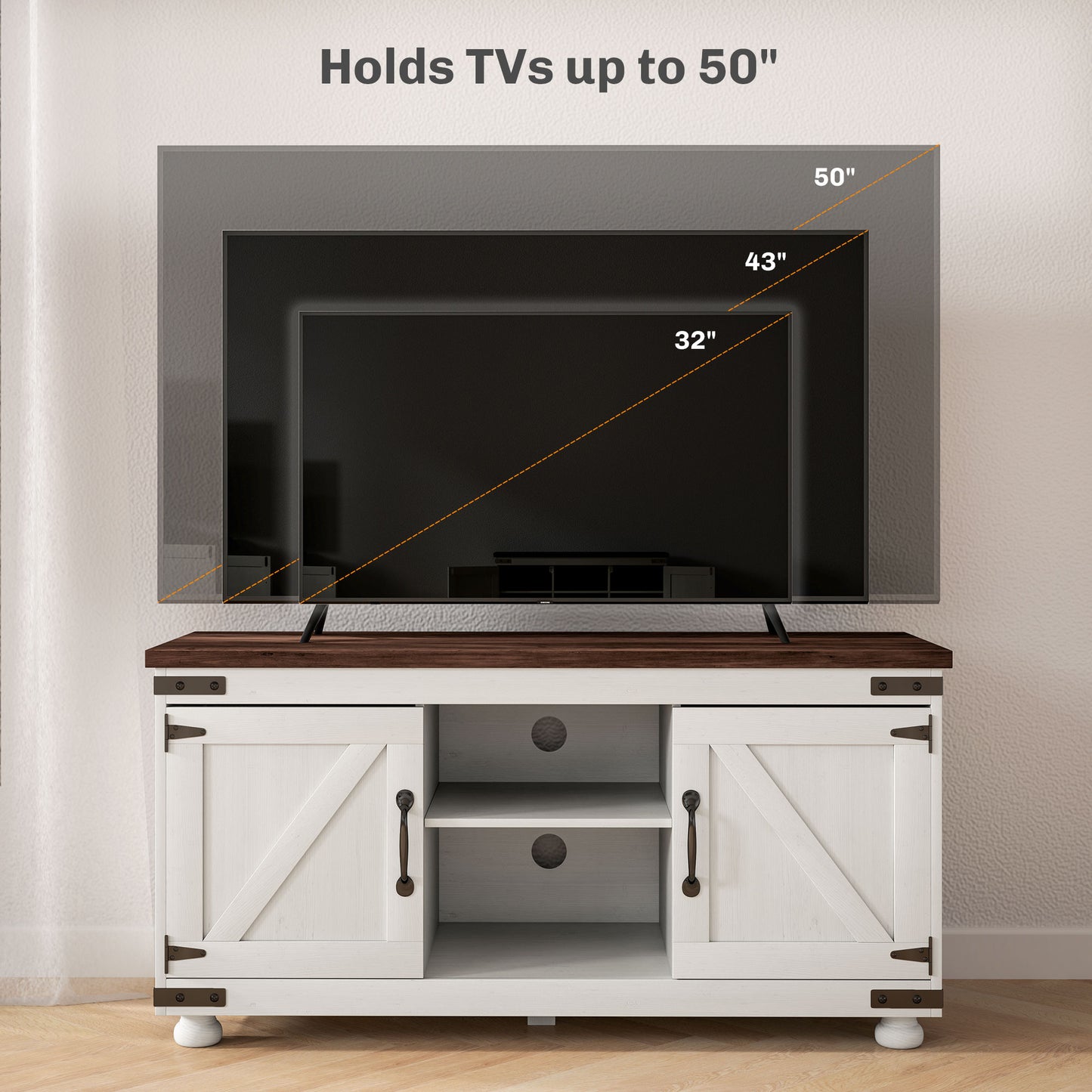 HOMCOM Farmhouse TV Stand for up to 50" TV, TV Cabinet with Barn Doors, Cable Management for Living Room, Distressed White