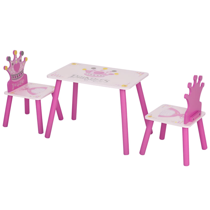 Qaba 3-Piece Set Kids Wooden Table Chair with Crown Pattern Easy to Clean Gift for Girls Toddlers Age 2-4 Years Old Pink