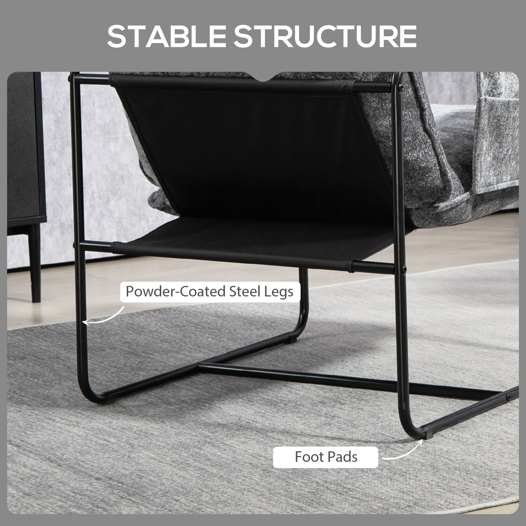 HOMCOM Modern Accent Chair, Upholstered Armchair with Side Pockets and Steel Frame, Comfy Reading Chair for Bedroom, Grey