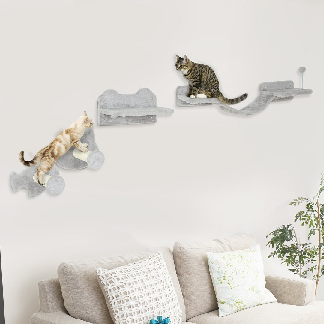 PawHut 4PCs Cat Wall Shelves with Steps, Scratching Posts, Ladder, Platforms, Toy Balls
