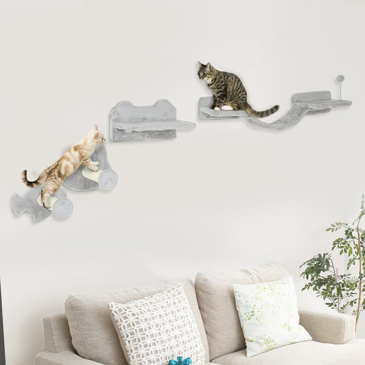 PawHut 4PCs Cat Wall Shelves with Steps, Scratching Posts, Ladder, Platforms, Toy Balls
