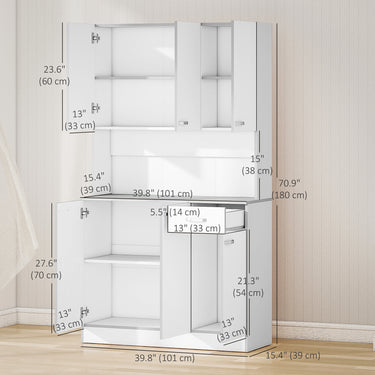 HOMCOM 71" Modern Buffet with Hutch, Standing Kitchen Hutch with Storage Cabinets, Drawer, Open Space with Microwave Stand, White