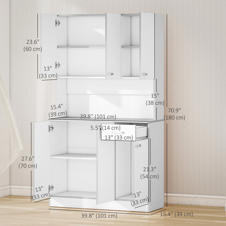 HOMCOM 71" Modern Buffet with Hutch, Standing Kitchen Hutch with Storage Cabinets, Drawer, Open Space with Microwave Stand, White