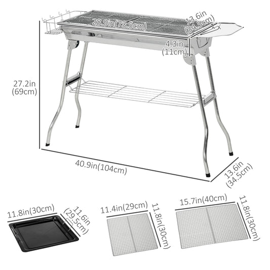 Outsunny Stainless Steel Portable Charcoal Grill, Folding BBQ Grill with Shelf, Side Basket and Pan for Cooking, Camping, Travel