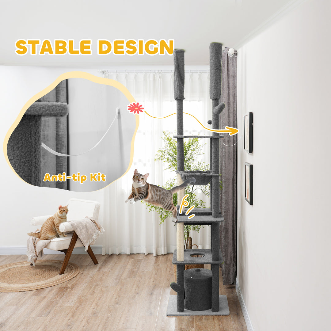 PawHut 89"-100" Floor to Ceiling Cat Tree Cat Tower for Large Cats w/ Scratching Posts, Grooming Brush Post, Cat Condo, Green