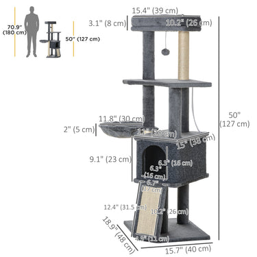 PawHut 50 Inch Cat Tree, Multi-Level Cat Tower with Sisal Scratching Posts and Ramp, Bed, Condo, Hammock, Toy Ball, Grey