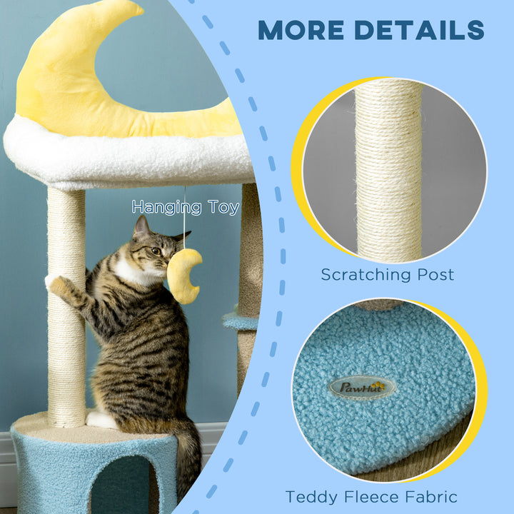 PawHut Moon Cat Tower for Indoor Cats with Teddy Fleece House Bed Scratching Post Hanging Toy Star Platform 41" Blue