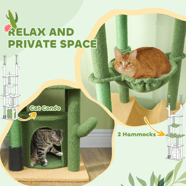 PawHut 89"-100" Floor to Ceiling Cat Tree Cat Tower for Large Cats w/ Scratching Posts, Grooming Brush Post, Cat Condo, Green