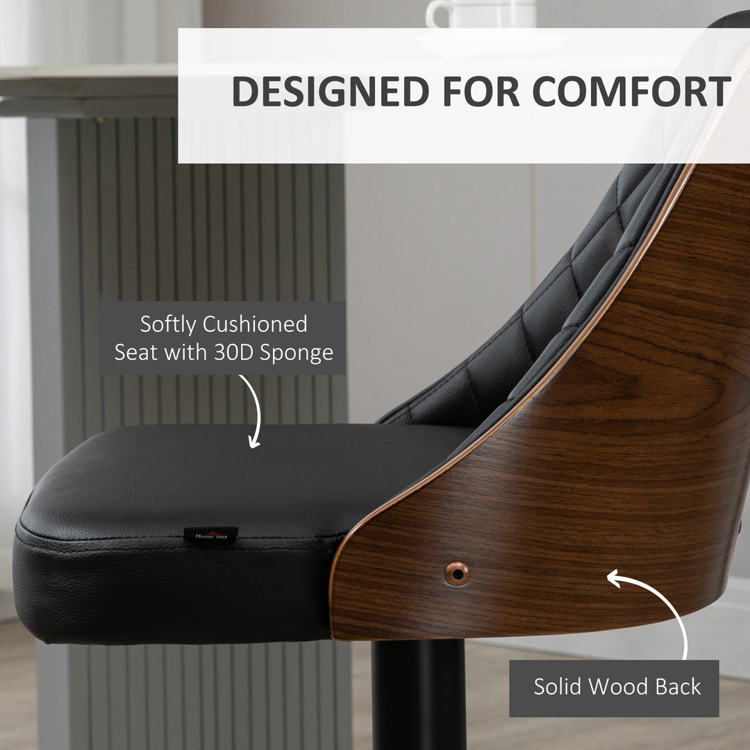 HOMCOM Modern Bar Stools PU Leather Set of 2 Swivel Bar Height Barstools Chairs with Adjustable Height, Round Heavy Metal Base and Footrest, Black