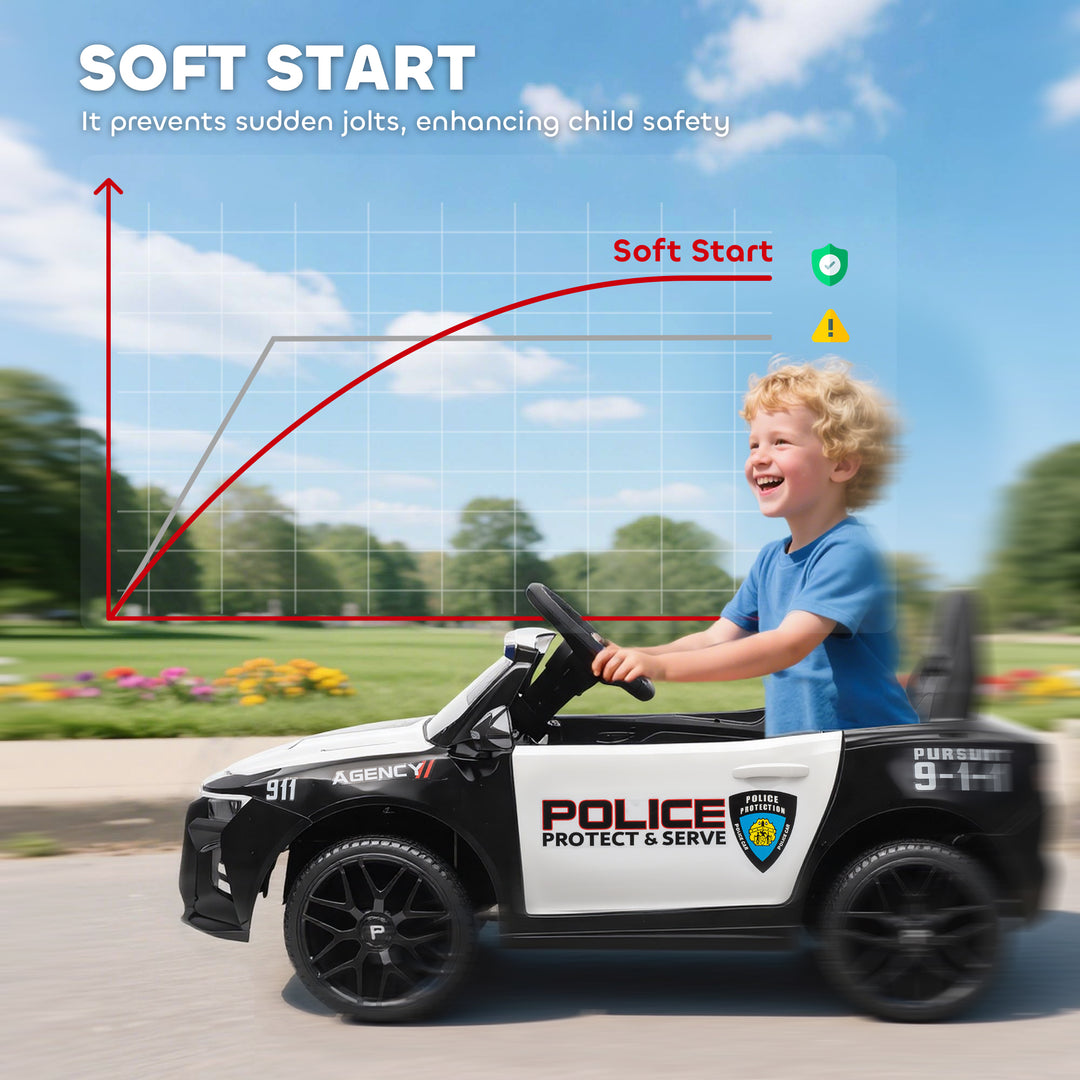 Qaba Kids Electric Ride on Police Car with Remote Control, Sirens, Flashing Lights, Music, Horn, Shock Absorbers, White